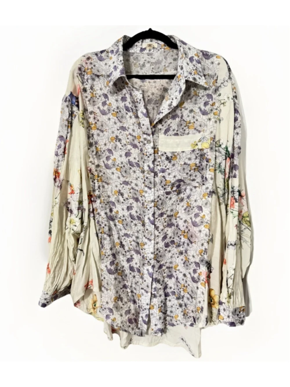 POL Floral Button Down Blouse M/L Boho Patchwork Shirt Lightweight Sheer Hi-Low - Picture 5 of 8